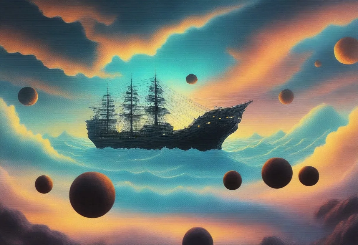 Space_In_Shell, psychodelic,in a space, a huge frigate flying  in a space storm on huge energy waves, in the background a huge kraken is visible catching up with the frigate, dark shot,