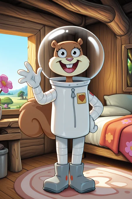 masterpiece, best quality, amazing quality, absurdres, sandycheeks, furry female, brown fur, squirrel tail, solo, smile, standing, looking at viewer, open mouth, waving, space helmet, pink flower, white spacesuit, grey boots, indoors, treehouse, wooden wall, window, carpet, bed, blue sky, day
