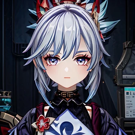 GenshinAvatar, (a girl with long light blue hair in a braided ponytail with a flower hairclip on it hair has split bangs, and blue eyes eyes,hydro character,hydro inazuma vison,wearing a blue kimono with a collar,outfit with blue charms and gems.:1.4), highly_detailed, illustration, portrait, (((masterpiece))),(((bestquality))), (black_background:1.4), simple_background, <lora:GenshinAvatarV2:1>