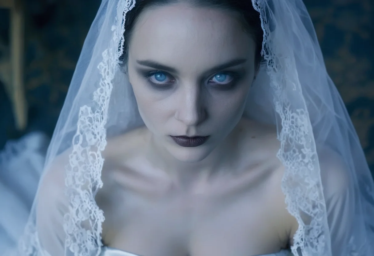 cinematic frame (close-up face:1.2) of a deathly pale bride kneeling, face focus, from above, white lace veil, blue eyes, blank facial expression, detailed skin, photorealistic, soft light, creepy atmosphere, style of gothic horror films <lora:corpse:0.8>