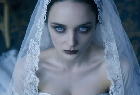 cinematic frame (close-up face:1.2) of a deathly pale bride kneeling, face focus, from above, white lace veil, blue eyes, blank facial expression, detailed skin, photorealistic, soft light, creepy atmosphere, style of gothic horror films <lora:corpse:0.8>