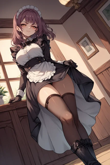 score_9, score_8_up, score_7_up, , rating_general,1girl ,dvmd, maid headdress, maid, black gloves, maid apron, thigh holster, thighhighs, ankle boots, source_anime, indoors, naughty face, dynamic angle , source_anime, indoors,  cowboy shot,  <lora:DevonshirePDANICAMEq2v1.3 AL-000008:1>