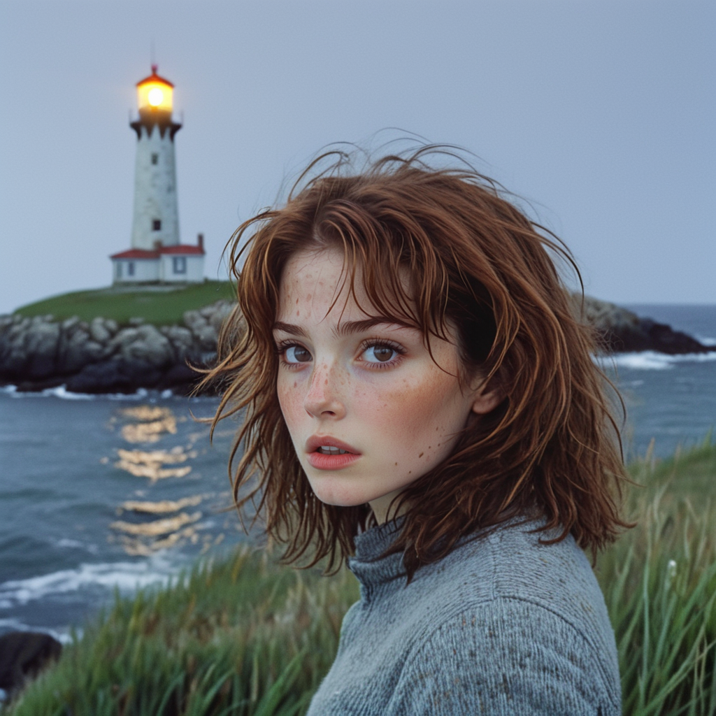 <lora:90s_Indie_MovieSDXL:1> ArsMovieStill, movie still from a 1990s indie movie, The image shows a woman standing in front of a lighthouse surrounded by grass rocks and water. The sky is visible in the background and the lighthouse is illuminated by a light., 1girl, solo, brown hair, outdoors, looking at viewer, freckles, parted lips, messy hair, blurry, blurry background