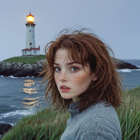 <lora:90s_Indie_MovieSDXL:1> ArsMovieStill, movie still from a 1990s indie movie, The image shows a woman standing in front of a lighthouse surrounded by grass rocks and water. The sky is visible in the background and the lighthouse is illuminated by a light., 1girl, solo, brown hair, outdoors, looking at viewer, freckles, parted lips, messy hair, blurry, blurry background