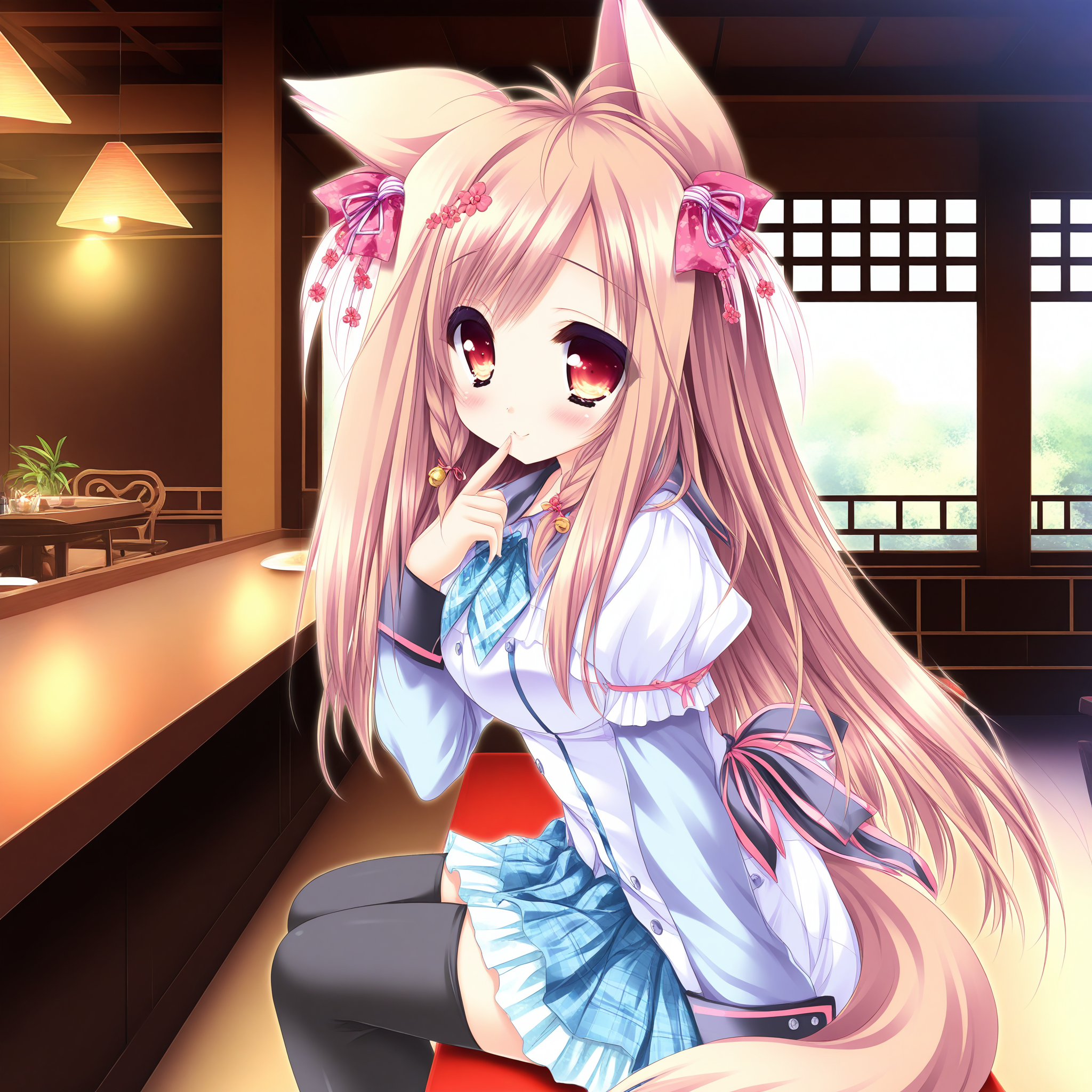 <lora:Mito_Kohaku_1_illu-000042:1>,Mito Kohaku,brown hair,twin braids,hair bell,hair flower,hair ornament,fox ears,fox tail,
school uniform,dress,black thighhighs,
1girl,solo,sitting,restaurant,from side,looking at viewer,finger to mouth,smile,blush,east asian architecture,
