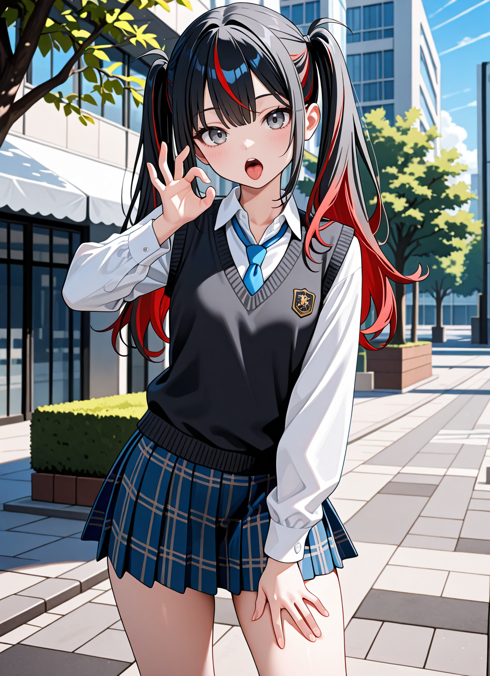1girl, solo, open mouth, upper teeth only, long hair, twintails, black hair, streaked hair, red hair, grey eyes, NowaSchool, collared shirt, open collar, white shirt, blue necktie, sweater vest, black vest, plaid skirt, blue skirt, standing, looking at viewer, thighs, blurry background, fellatio gesture, open mouth, tongue out, outdoors, upper body, <BREAK> , masterpiece, best quality, absurdres, highres, very aesthetic, high quality, detailed, insanely detailed, beautiful, very awa, anime screencap