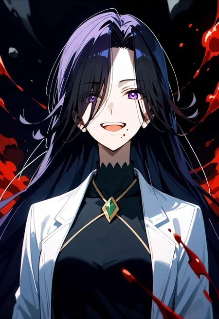 score_9,score_8_up,score_7_up,source_anime, aurora (kage no jitsuryokusha ni naritakute!),1girl,long hair,looking at viewer,smile,open mouth,black hair,purple eyes,solo focus,mole,hair over one eye,blood,black background,mole under mouth,