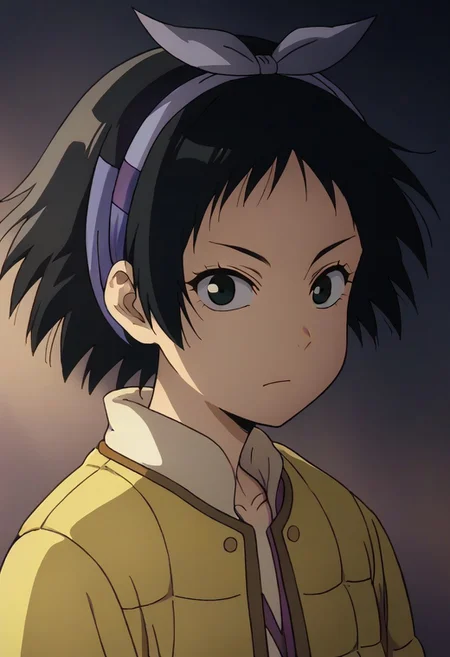 Totori, short hair, black hair, black eyes, yellow jacket, purple hairband, <lora:HeavenlyDelusion:1>,