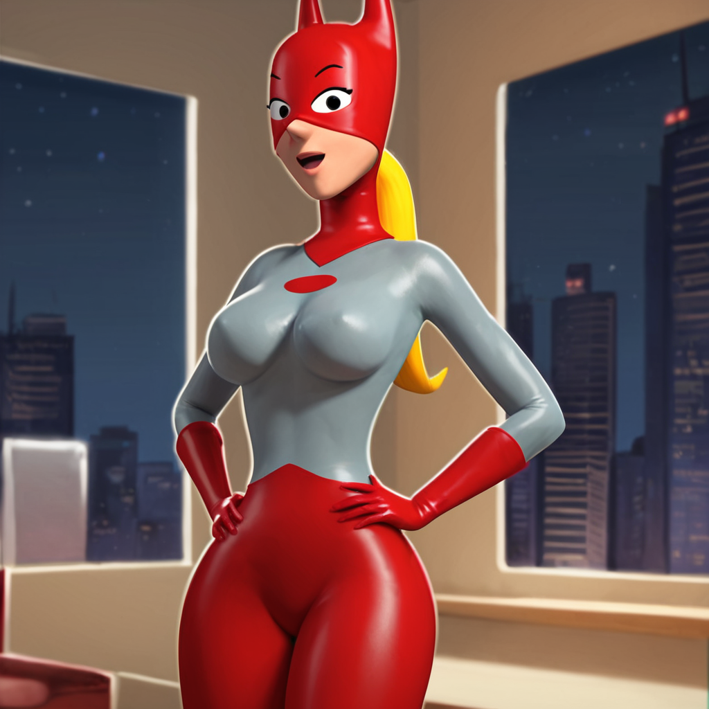 score_9, score_8_up, score_7_up, 1girl, SamMom, blonde hair, ponytail, mask, horns, bodysuit, huge breasts, hands on own hips, narrow waist, wide hips, looking at viewer, highres, high quality, masterpiece, <lora:SamMom:0.8>