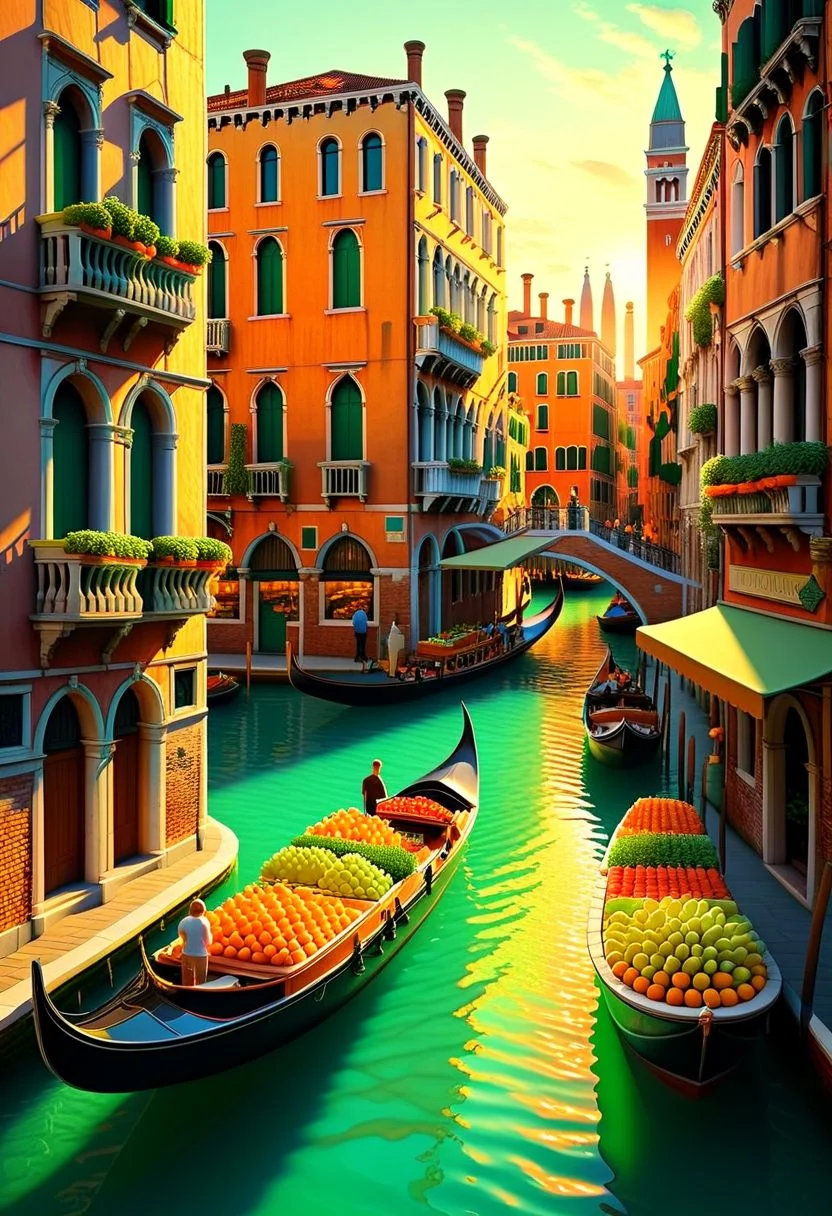 ispzxll, no humans, dioramaplant, isometric, miniature, Chiaroscuro Lighting Style, futuristic venice building street scene, seaform-green and pale-orange pastel colors, golden hour, long shadows, volumetric lighting style, pedestrian crowds, fruit stands, boats in canals, storefronts, epic architecture, intricate details, potted plants, ultra-detailed, 8k, fluffy clouds