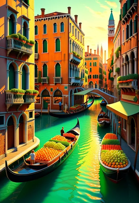 ispzxll, no humans, dioramaplant, isometric, miniature, Chiaroscuro Lighting Style, futuristic venice building street scene, seaform-green and pale-orange pastel colors, golden hour, long shadows, volumetric lighting style, pedestrian crowds, fruit stands, boats in canals, storefronts, epic architecture, intricate details, potted plants, ultra-detailed, 8k, fluffy clouds