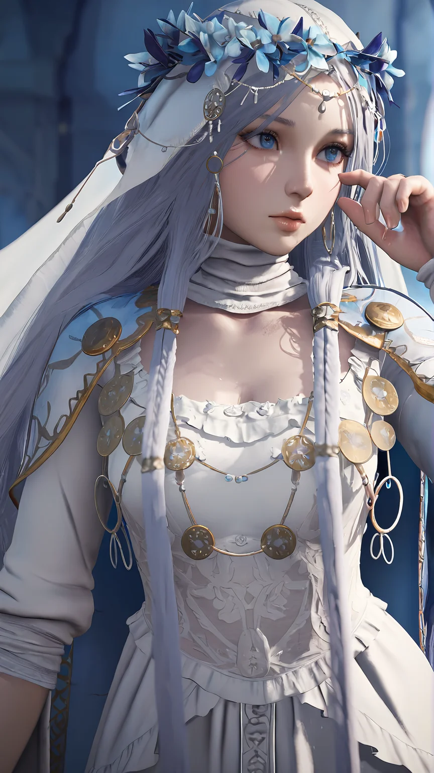 amazing quality,absurdres,best quality,masterpiece,highres,newest,detailed,detailed body,detailed face,masterpiece,best quality,solo,
nightreign-revenant,1girl,veil,solo,dress,long hair,white dress,flower,blue eyes,hair ornament,3d,realistic,<lora:elden ring nightreign å¾©è®è:0.8>,