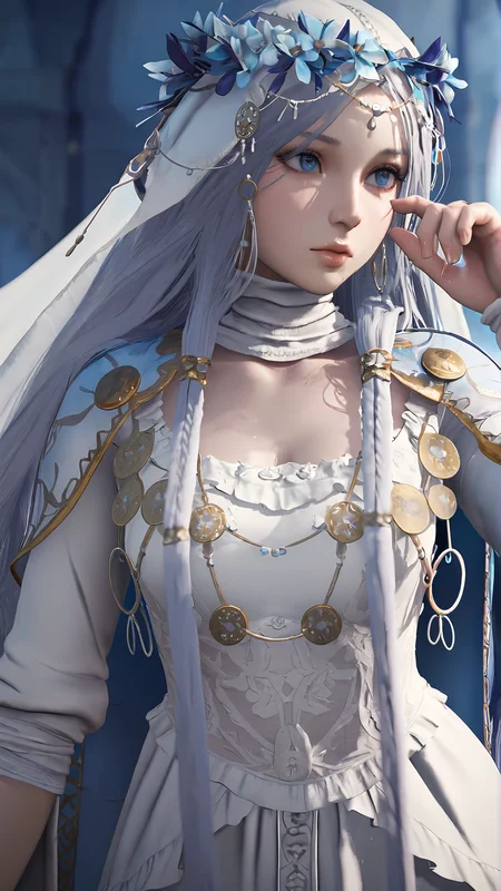 amazing quality,absurdres,best quality,masterpiece,highres,newest,detailed,detailed body,detailed face,masterpiece,best quality,solo,
nightreign-revenant,1girl,veil,solo,dress,long hair,white dress,flower,blue eyes,hair ornament,3d,realistic,<lora:elden ring nightreign 復è®è
:0.8>,