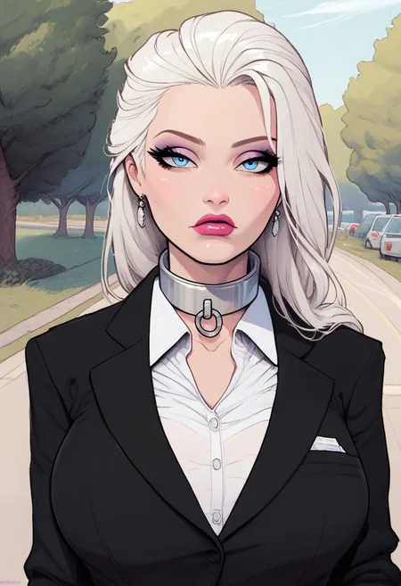 score_9, score_8_up, score_7_up, BREAK, 1girl, upper body focus, bimbo, bored eyes, happy face, (half body:1.2), walking, eyes, big tits, park,
white office outfit, looking at viewer, 
elsa, white hair, long hair, blue eyes, BREAK,
detailed face,(Thick steel collar),