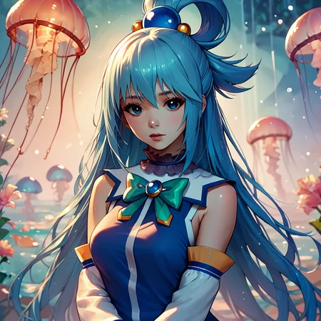 score_9,score_8_up,score_7_up,
jellyfishstyle, 1girl,aqua from konosuba, solo, long hair, breasts, looking at viewer, bangs
, <lora:jellyfish-pony:0.8>,