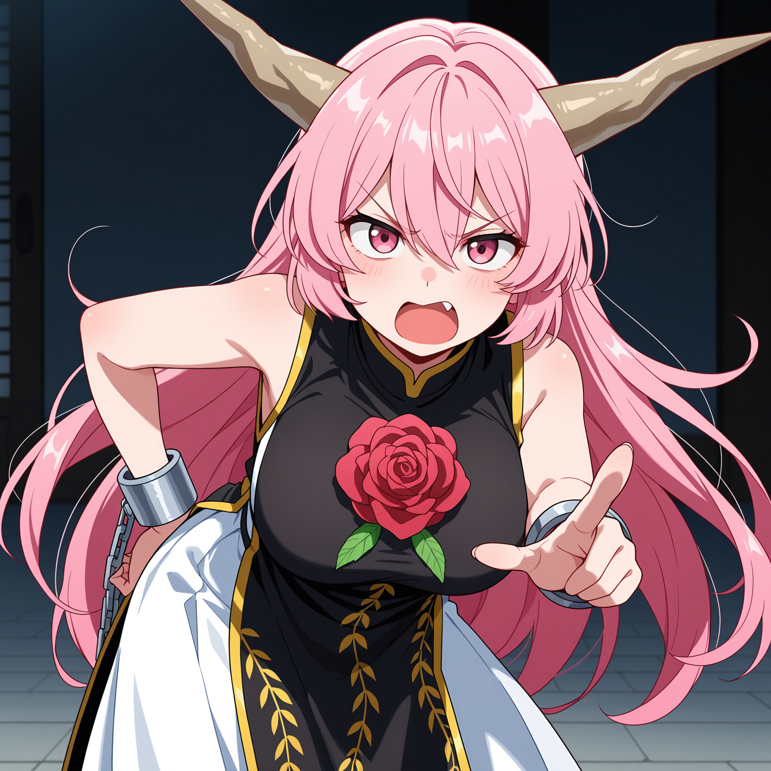 masterpiece, best quality, amazing quality, anime screencap, 1girl, solo, standing, cowboy shot, leaning forward, looking at viewer, hand on own hip, pointing at viewer, annoyed, open mouth, <lora:IbarakiDoujiTH:0.9>, IbarakiDoujiTH, pink hair, long hair, pink eyes, horns, large breasts, black tabard, rose, sleeveless white dress, bare shoulders, white skirt, long skirt, black shoes, cuffs,