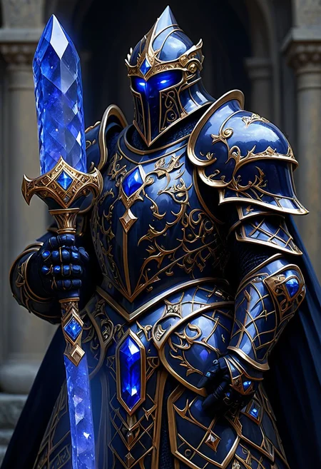 magicNpolished, A noble paladin, obsidian armor adorned with sapphire gemstones, intricate designs, holding a diamond mace, fantasy setting
