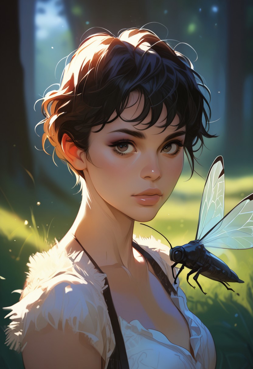 score_9, score_8_up, score_7_up,source_anime,anime, 
masterpiece, best quality, amazing quality, good quality, very awa, newest, highres, absurdres, 
1girl, solo, short hair, wild hair, nativ american headress, eyeshadow, ,lips,
 suede animal dress rags, 
 outdoors blurry, tree, 
blurry background,depth of field,, nature, light particles,forest, , fireflies,
