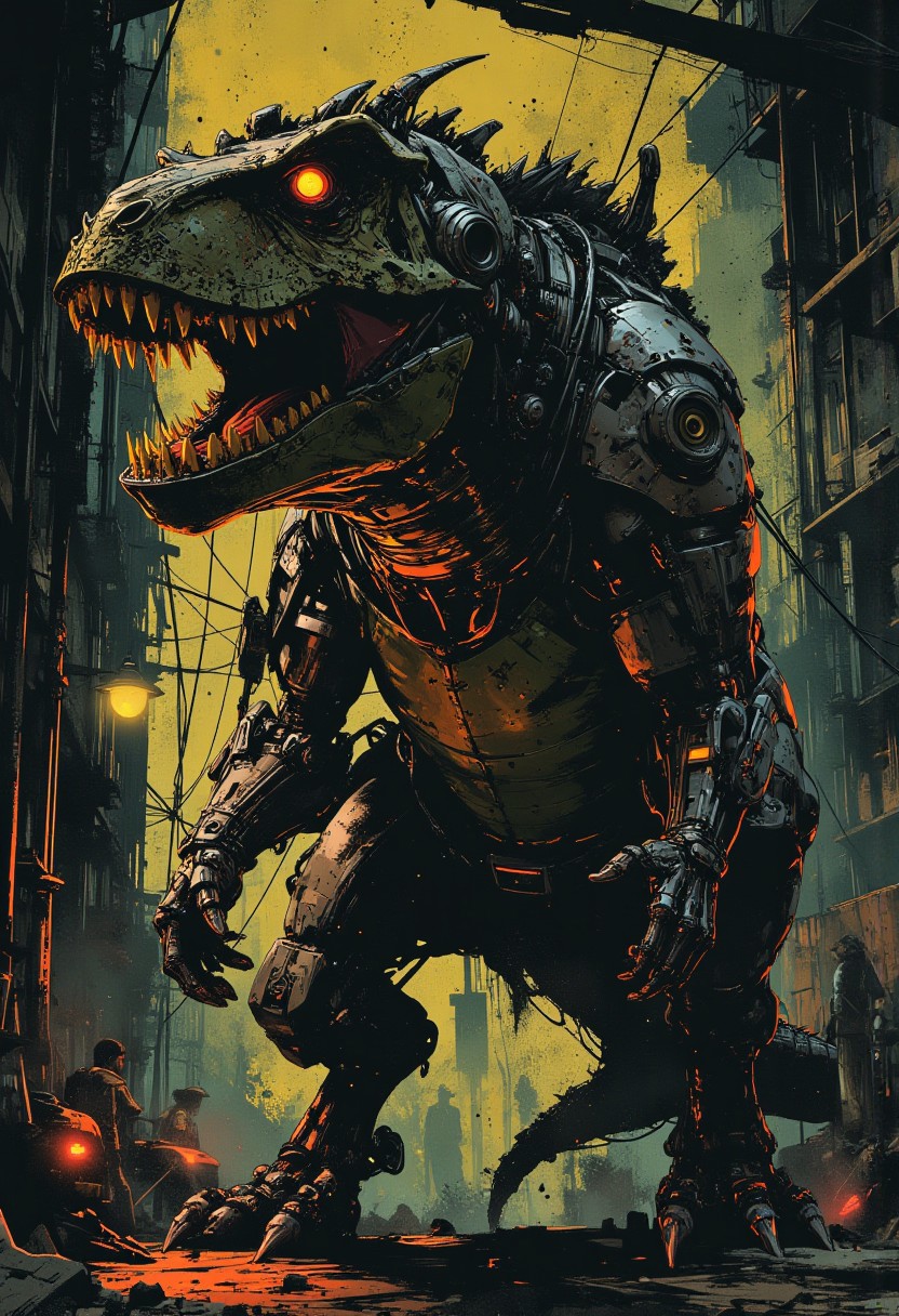 mythp0rt, a robotic cyberpunk dinosaur, titanium and chrome, robot wires and circuitry, robot joints, glowing lights, silhouetted, chiascuro, glowing eyes