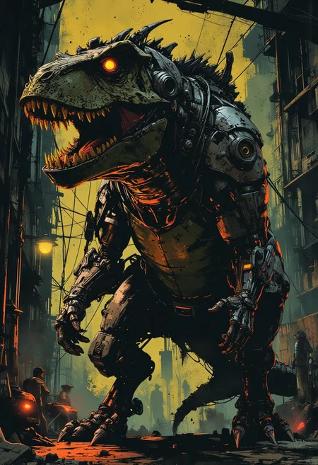 mythp0rt, a robotic cyberpunk dinosaur, titanium and chrome, robot wires and circuitry, robot joints, glowing lights, silhouetted, chiascuro, glowing eyes