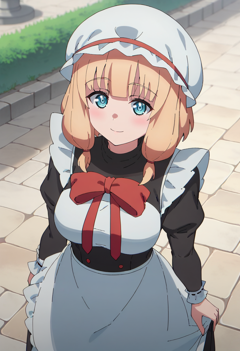 score_9, score_8_up, anime screencap,
<lora:MaougunSaikyou_SatieXL:0.8>, SatieMS,
1girl, solo, light smile, blush,
blonde hair, blue eyes, medium hair, low twintails, hair over shoulder,
holding skirt, maid, maid headdress, mob cap, maid apron, frills, red bow, juliet sleeves,
standing, looking at viewer, from angle,
outdoors, medieval, street, fountain
