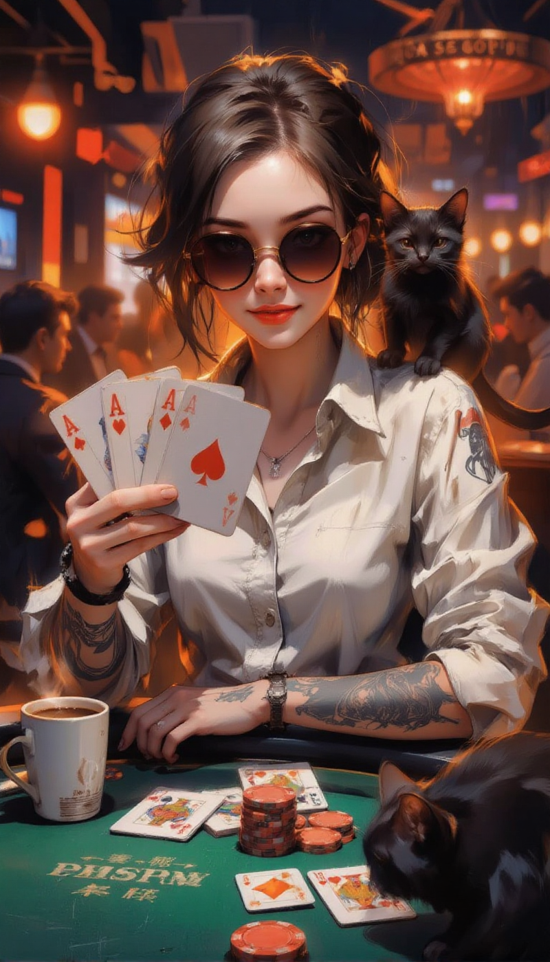 A stylish 20-year-old anime-style woman playing poker, her round sunglasses reflecting the warm casino lights. She wears a chic dress shirt with detailed tattoos on her arms. With a confident, almost mischievous smirk, she extends four ACE cards towards the viewer. The poker table is set with vibrant playing cards and neatly stacked chips. A steaming cup of coffee sits nearby, and a sleek black cat perches on the table, its tail curling around a chip stack. The scene is lively and expressive, with soft but dramatic lighting.