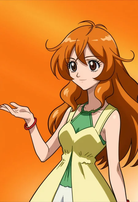 score 9, score 8 up, score 7 up, masterpiece_portrait, high quality, anime coloring, bakugan, alice gehabich, 1girl, solo, long hair, brown eyes, dress, jewelry, orange hair, parody, bracelet, style parody, brown hair, smile