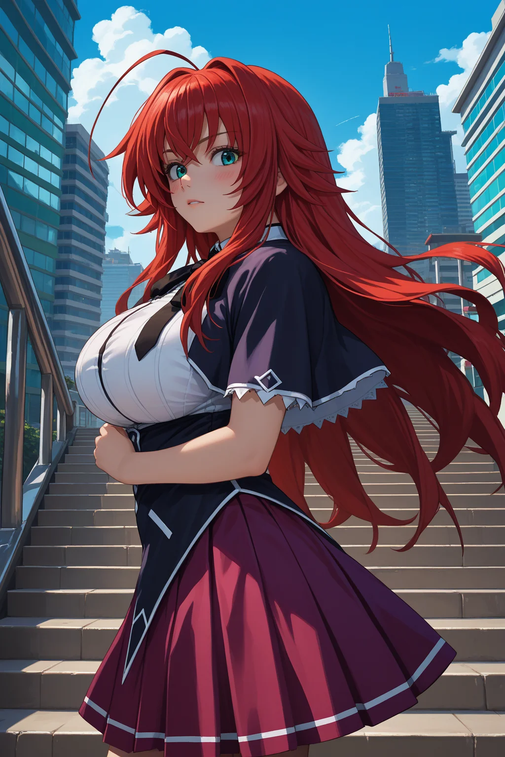 score_9, score_8_up, score_7_up, score_6_up, source_anime, 1girl, solo, <lora:rias-pdxl-nvwls-v1:1> dxdRG, red hair, ahoge, long hair, black capelet, neck ribbon, white shirt, short sleeves, school uniform, purple skirt, big breasts, from side, looking at you, blue sky, city, stairs, blush