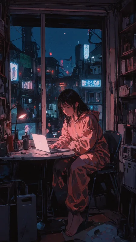 Anime-style illustration of a young woman sitting at a table by her apartment window at night, city lights glowing in the distance. She wears an oversized onesie, one knee pulled to her chest. The soft glow of her laptop screen casts gentle light on her face, while faint neon reflections shimmer on the glass. A quiet, peaceful moment in the city from behind. Soft anime aestheticsâwarm and cool light contrast, gentle highlights, cozy nighttime atmosphere <lora:绪å¿_CG飿»¤éFLUX:0.6> <lora:illustration:0.8> <lora:Anime_v1.3:1.5>
