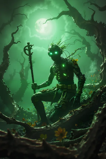 In a forest choked by thick smog and dying trees, a soldier in a green, bio-mechanical exoskeleton kneels among twisted, decaying roots. His armor is a fusion of metal and plant matter, with glowing emerald veins that pulse faintly, as if struggling to remain alive in the poisoned atmosphere. The trees around him, once towering giants, now crumble and rot, their leaves brown and brittle, while the sky above is veiled in a sickly green haze. His face is hidden beneath a helmet with a cracked visor, revealing only one glowing, jade-colored eye that scans the wasteland. In his hand, he holds a staff-like weapon made of both vine and steel, its tip flickering with the last remnants of energy from the world itself. All around, strange, mutated creatures limp through the underbrush, their skeletal frames barely holding together as the planet itself gasps its final breaths. Above, the sun is barely visible, reduced to a dim, dying ember that casts long shadows across the ravaged land. The scene is one of eerie stillness, where the warriorâs green armor is the last vibrant reminder of the life that once thrived here, now fading into oblivion.<lora:black_fantasy_1.0>
