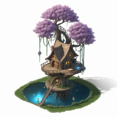 (((masterpiece))),(((best quality))),((ultra-detailed)),solo,isometric,
WAM_bd,solo,
An elf treehouse by the Starlight Lake, with a large moonwell in the center, surrounded by glowing flowers and vines, and the treehouse shimmering with starlight,,
(white background, simple background:1.5),fantasy art,
 <lora:WAMå»ºç­æ¨¡å:0.8>