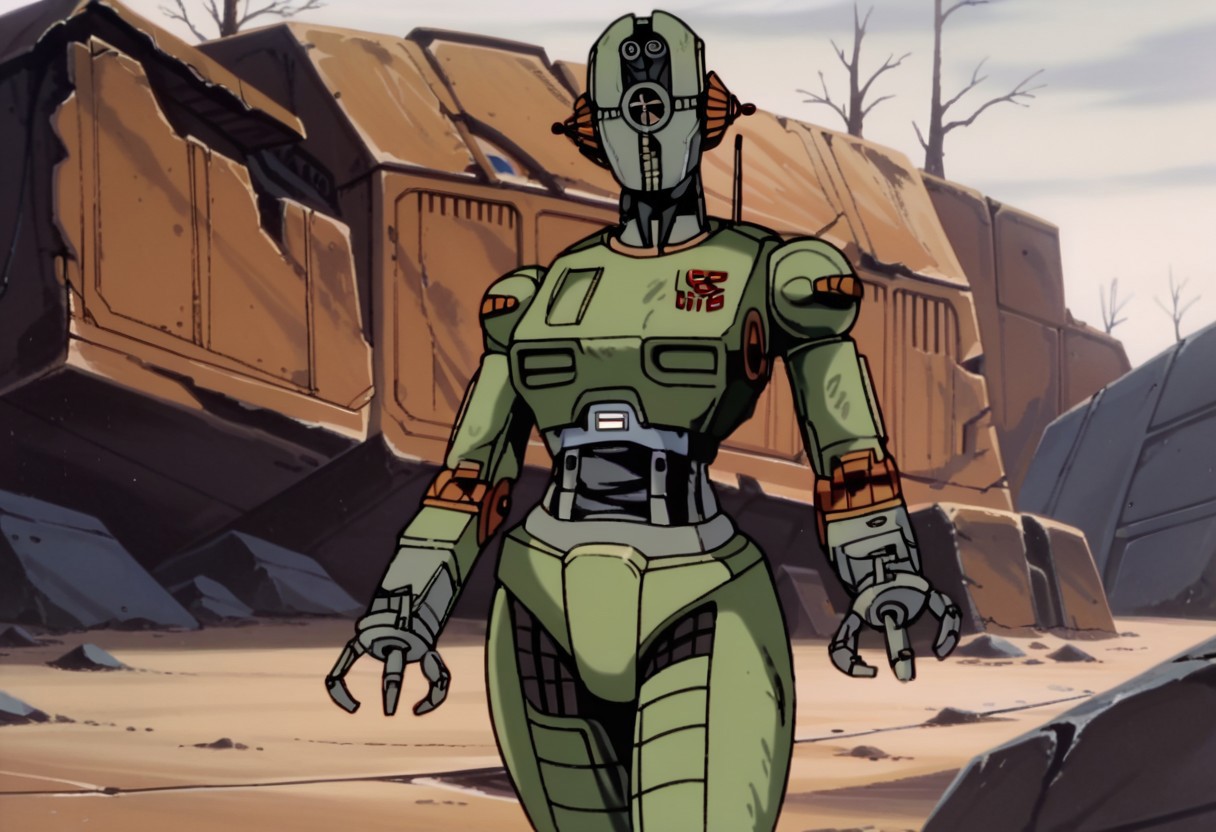 score_9, score_8_up, score_7_up, score_6_up, score_5_up, source_furry, assaultron, fallout, 1girl, solo, breasts, looking at viewer, robot, humanoid robot, robot joints, one-eyed, joints, no humans, green skin, mechanical arms, crotch plate, science fiction, post-apocalypse, outside, green armor, robotic hand, 3 fingers transformers, animation, Transforms into a 1950s retro Futuristic concept fighter jet
<lora:assaultron_pdxl_:0.8> <lora:Transformers 86 FT:1>