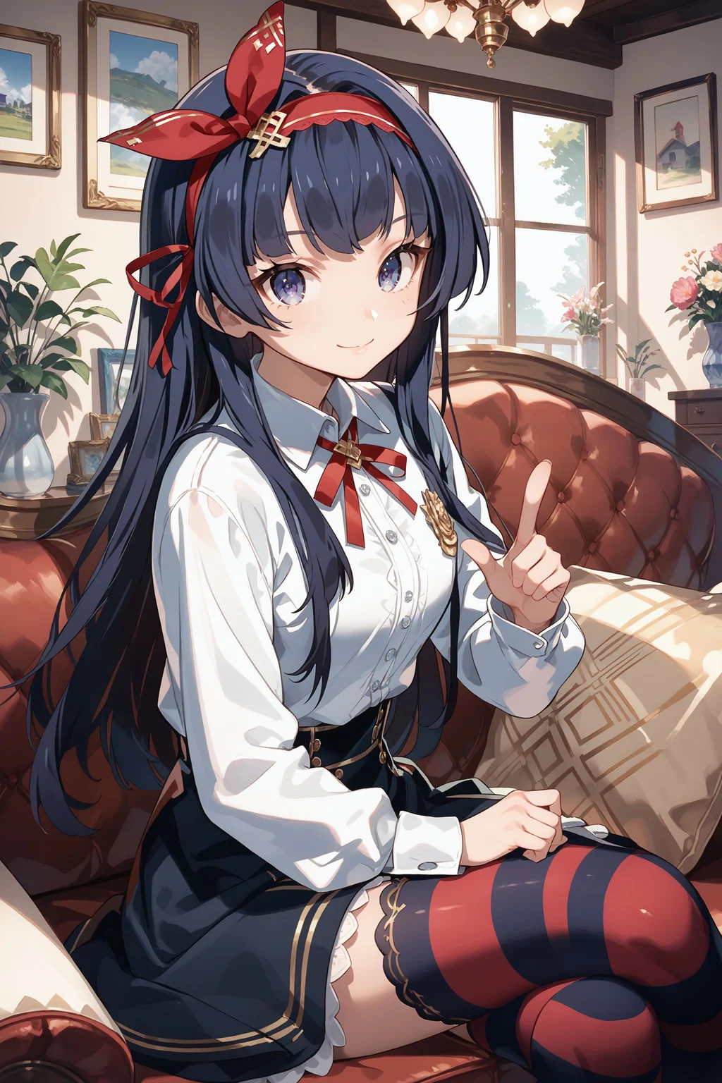 score_max, (score_9, score_8_up, score_7_up:1.2), score_6_up, official art, source_anime,
, masterpiece, absurdres, high detail, 8k,
house, living room, couch, portrait,
sitting, hand up, pointing up, light smile,
curren, red hairband, hair ribbon, white collared shirt, long sleeves, striped thighhighs,
<lora:XL_Pony_gomaotsu-curren-t1:1>