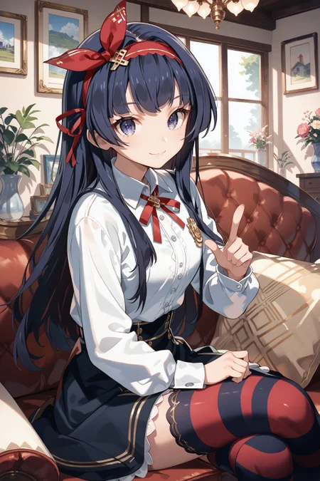 score_max, (score_9, score_8_up, score_7_up:1.2), score_6_up, official art, source_anime,
, masterpiece, absurdres, high detail, 8k,
house, living room, couch, portrait,
sitting, hand up, pointing up, light smile,
curren, red hairband, hair ribbon, white collared shirt, long sleeves, striped thighhighs,
<lora:XL_Pony_gomaotsu-curren-t1:1>