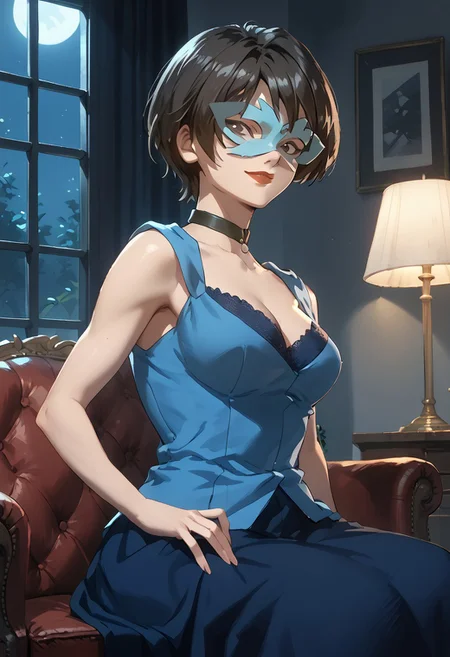 score_9, score_8_up, score_7_up,at room, indoor, moonlight,night view, richlady, black eyes,female, mask, black hair, red lips, collar, blue clothing, dress,sitting,smirk
