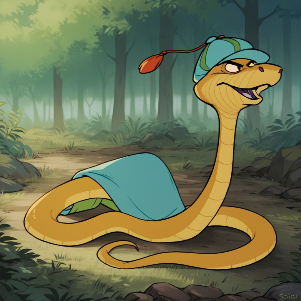 score_9, score_8_up, score_7_up, score_6_up, score_5_up, score_4_up, source_furry, sirhissRH, feral, male, snake, olive green scales, black eyes, blue hat, blue cape, in a forest, full body,