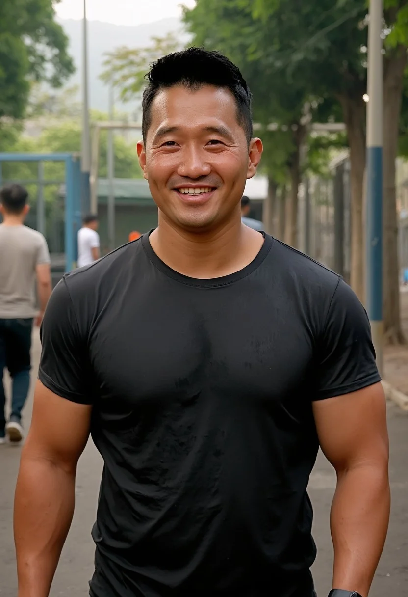 (((htkangface))), (((solo))), east Asian face, daddy, natural face expression,   Photorealistic, realistic, masterpiece, intricate details, detailed background, depth of field, photo of a handsome, dynamic pose, natural face expression, high detail, high quality, Movie Still, Film Still, Cinematic, Cinematic Shot, Cinematic Lighting, ring, (((pectoral))), (((virility))),  4k, highly detailed . 35mm photograph, film, masterpiece, 4k,professional, 4k, highly detailed,  ((big remarkable nipples)), (((covered nipples))), ((huge nipples)),(((sweaty))),  (((in playground))),   (((wearing black tshirt and pants))), (((confident daddy smile))),  sweaty,  daddy smile, Showing off muscle, close up portrait