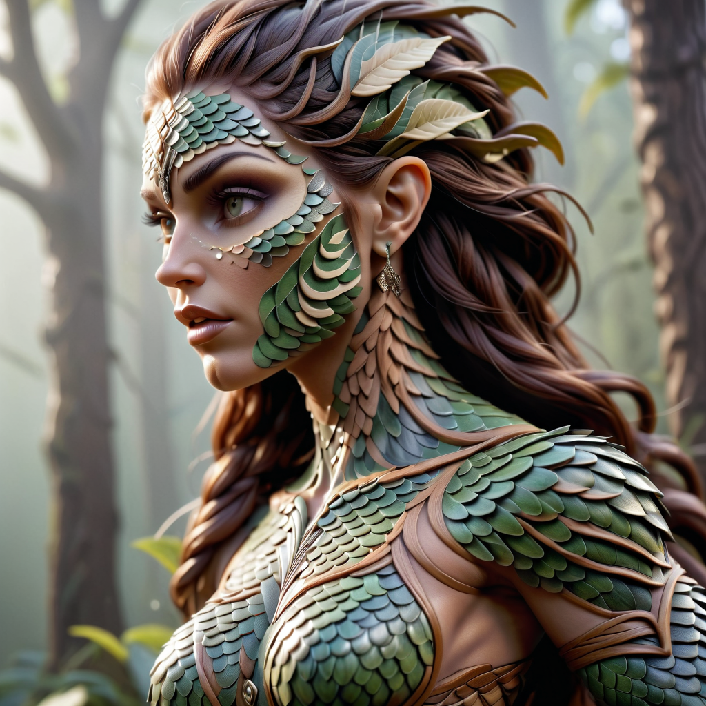 high quality RAW professional photograph of (attractive muscled dryad woman), ornate wooden skin carved into scales, ornate scale pattern, epic, magnificent, wondrous