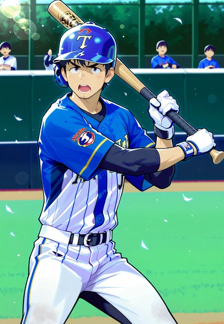 score_9, score_8_up, score_7_up, score_6_up, perfect anatomy, perfect proportions, best quality, masterpiece, high_resolution, high quality, highres, gay, homo, bara, male focus, male only, mature, masculine, manly, hunk, virile, rugged, handsome, charming, alluring, dutch angle, cowboy shot, asian man, Taiwanese man, black hair, facial hair, stubble, HannekenTaiwanBaseball02, Taiwan baseball uniform, Taiwan national baseball team, blue striped baseball jersey, white baseball pants, baseball helmet, black compression undershirt, arm sleeve, elbow guard, wrist guard, batting gloves, shin guard, baseball cleats, baseball field, shading, countershading, detailed shading, detailed skin, realistic shading, intricate details, movie still, vibrant, vivid, stardom, glamorous, extraordinary achievement, award-winning, expressionist, cinematic still, emotional, harmonious, vignette, bokeh, cinemascope, moody, epic, gorgeous, motion, dynamic, focus, batting stance, looking at viewer open mouth, baseball bat, holding baseball bat