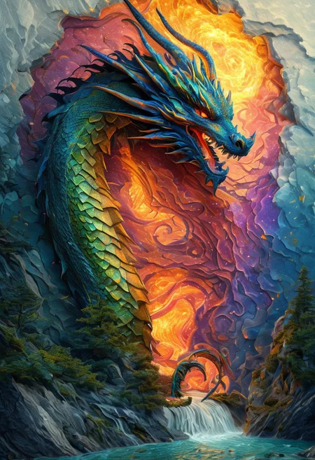 In a vibrant, high-resolution scene, a majestic celestial dragon rests in its lair atop a mountain surrounded by swirling nebulae and distant stars. The dragon's scales glow with iridescent colors, and its lair is filled with ancient artifacts and luminous crystals. The intricate details of the dragon's scales and the ethereal glow of the surrounding nebulae create a sense of wonder and fantasy, reminiscent of epic tales and legends.