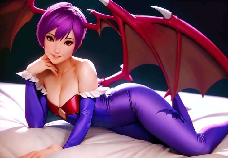 sfw, <lora:darkstalkers_lilith:0.8>, darkstalkers_lilith, seductive smile, lay on bed, (seductive, alluring, charming:1.3), seductive, (ultra-high res, high details, absurdres:1.3)