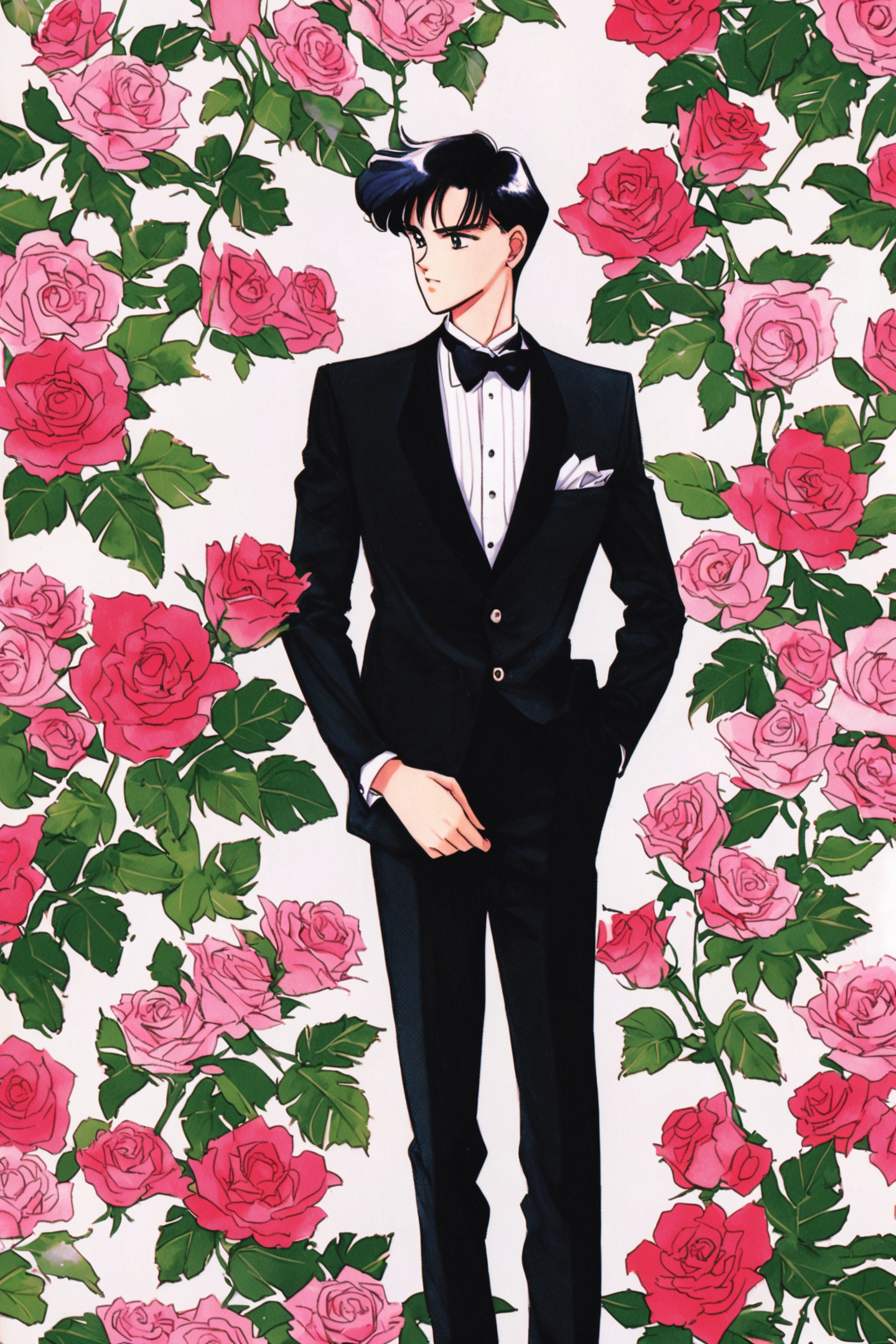 1boy,solo,black hair,flower,formal,bowtie,white background,pants,retro artstyle,black suit,standing,1990s (style),rose,short hair,
<lora:Takeuchi Naoko_XL:0.8>,