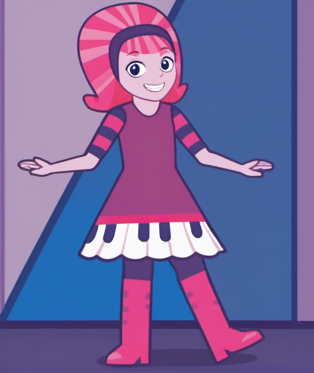 1girl, solo, dbdd1, smile, pantyhose, dress, pink hair, pink skin, black eyes, looking at viewer, boots, full body, grin, standing, hairband, <lora:dbdd1:1>,