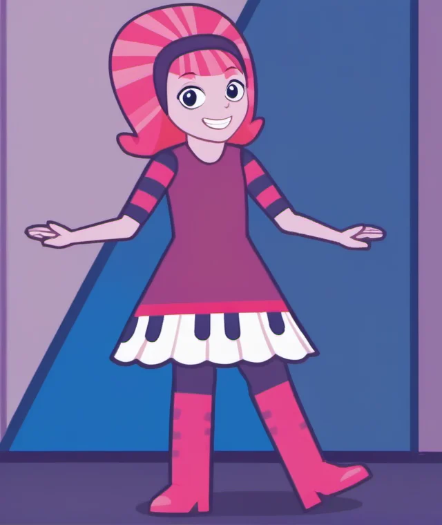 1girl, solo, dbdd1, smile, pantyhose, dress, pink hair, pink skin, black eyes, looking at viewer, boots, full body, grin, standing, hairband, <lora:dbdd1:1>,