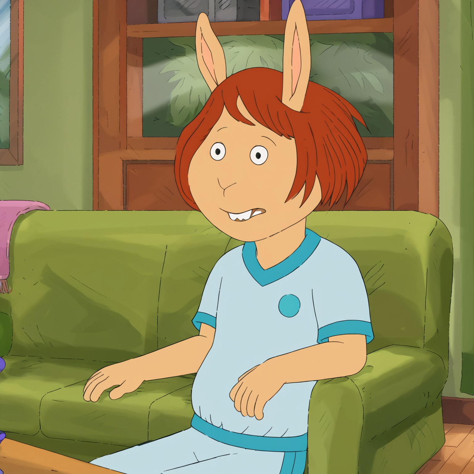Ladonna Compson, 1girl, solo, furry, bucktooth, tan complexion, short auburn hair,
sports outfit
livingroom, sitting, couch