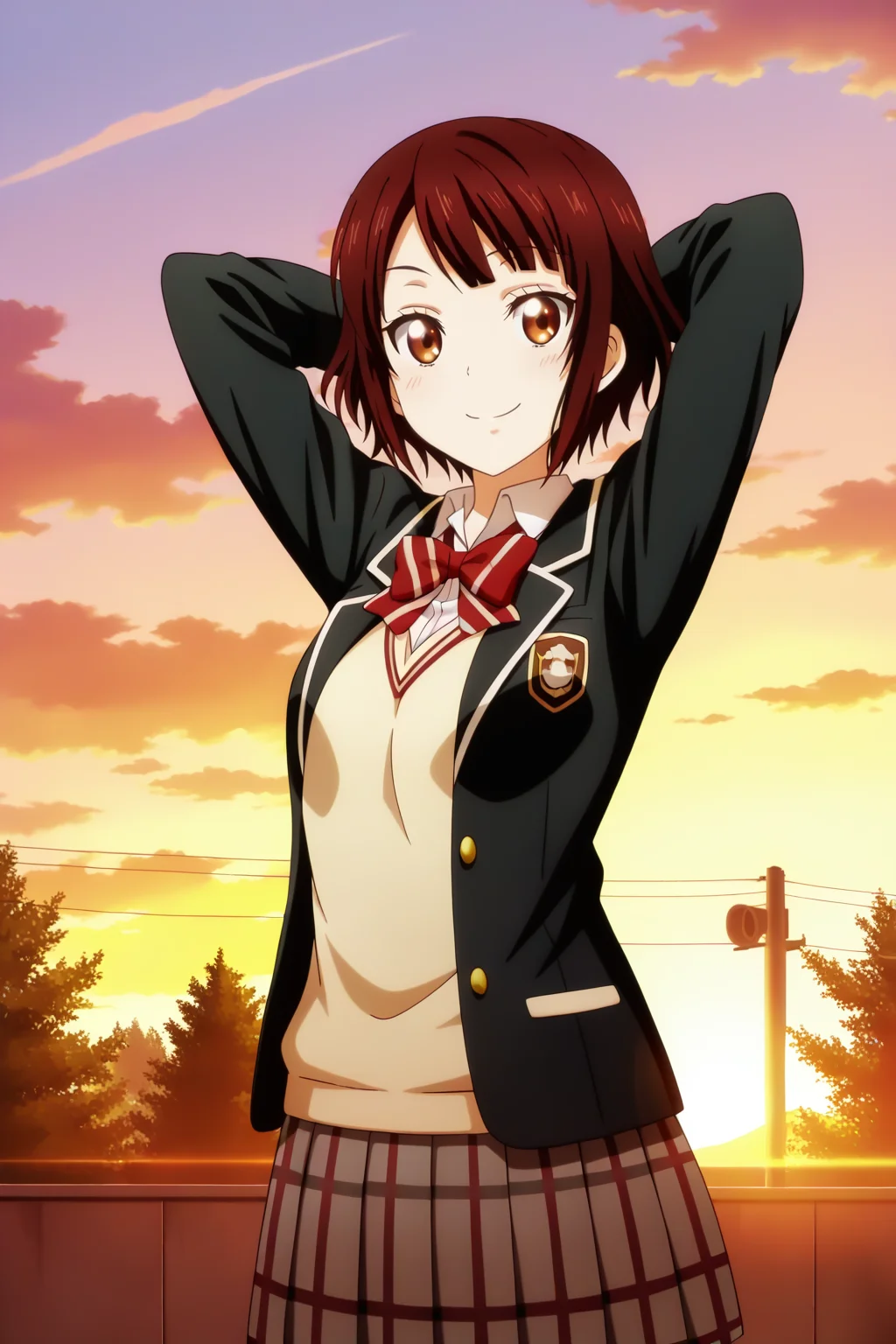anime screenshot, 1girl, solo, itou miyabi, brown hair, short hair, brown eyes, medium breasts, school uniform, black jacket, open jacket, blazer, white shirt, collared shirt, long sleeves, yellow sweater, red bowtie, striped bowtie, grey skirt, plaid skirt, pleated skirt, looking at viewer, smile, arms behind head, outdoors, sunset, masterpiece, best quality, high quality, highres, absurdres, <lora:itou_miyabi_ILXL:0.9>