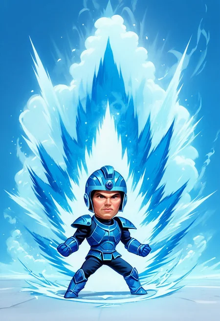 (Megaman, Rockman, gloves, boots, helmet, blue armor, arm cannon:1.1):1.1)(1boy, solo, facing viewer, , score_9, score_8_up, score_7_up, chibi, Ki Charge, aura, shooting stance, white aura, blue aura, arm raising, full body,  zPDXL3 ,SimplePositiveXLv2, masterpiece, best quality, high res, illustration, extremely detailed, 8k, wallpaper, hud_c4ric4ture_Styl, chibi