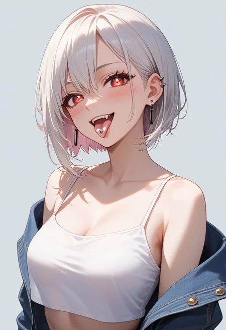 (score_9, score_8_up, score_7_up, score_6_up), anime, high res image, Beautiful girl with slim body, (masterpiece, detailed:1.2), (1girl:1.5), goth girl, (white hair, short hair), (earrings, ear piercings), (dynamic poses), looking at viewer, (blushing red, shy, light smile), fangs, (red eyes, sharp eyes), Beautiful eyes, (big perky breast:1.2), (wide hips), (slim), (beautiful detailed face, beautiful detailed eyes), ((pink colored fur bolero jacket, white cropped camisole, denim hot pants)), glow, (nightlight), (simple background), ((cowboy shot)), seductive, Expressiveh, (tongue out, tongue piercing)
