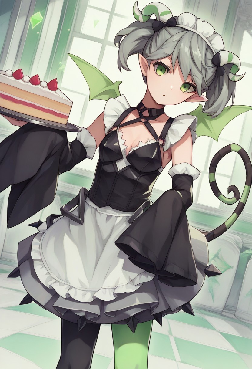 score_9,2d,source_anime,masterpiece,dutch angle,ygoarianna, 1girl, green eyes, green wings, green tail, green horns, green/black thighhighs, detached sleeves, maid, pantyhose, twintails,bent forward, looking at viewer, from front, tray, cake