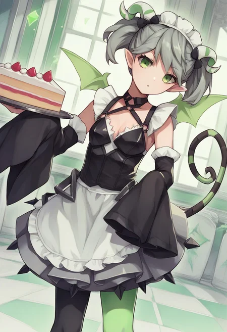 score_9,2d,source_anime,masterpiece,dutch angle,ygoarianna, 1girl, green eyes, green wings, green tail, green horns, green/black thighhighs, detached sleeves, maid, pantyhose, twintails,bent forward, looking at viewer, from front, tray, cake